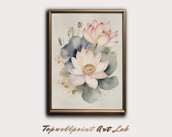 Elegante arte mural de flores de loto en acuarela, decoración botánica minimalista, estampado de flores de loto rosa suave, arte floral moderno para el hogar y la oficina.