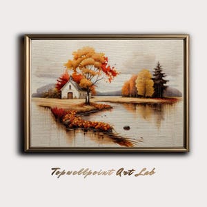 Impresión de una casa de campo en otoño, cálido paisaje otoñal, póster de arte rústico natural, acogedor arte mural para el hogar, cuadro de casa de campo de estilo vintage.