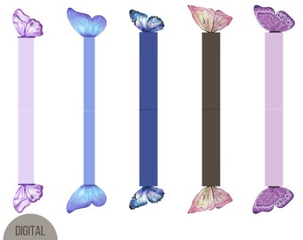 May include: Five printable butterfly bookmarks in different colors. The bookmarks are designed to be cut out and used as page markers. The butterflies are in shades of purple, blue, and pink.