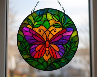 n*e様 ステンドグラス パネル 花に集まる蝶々 約94×58cm 壁掛け オブ 蝶のステンドグラス模様、丸い花のパネルデザイン、DIYガラス工芸