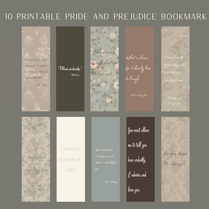 10 Printable Pride and Prejudice Bookmark, Jane Austen Bookmark Set, Cute Bookmark, Bookmark Set, Gift for Reader, Bookish Gift