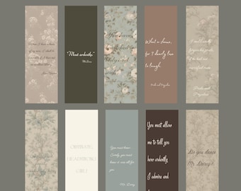 10 Printable Pride and Prejudice Bookmark, Jane Austen Bookmark Set, Cute Bookmark, Bookmark Set, Gift for Reader, Bookish Gift