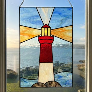 Gebrandschilderd glas vuurtoren patroon PDF, Coastal Suncatcher sjabloon, DIY nautisch gebrandschilderd glas SVG