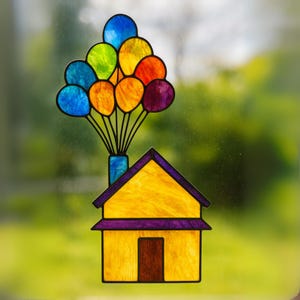 Modello di vetrate colorate Balloon House, modello di vetrate colorate unico, design di vetrate colorate fai da te, vetrate colorate con palloncini, download digitale PDF