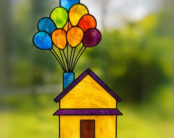Ballonhuis glas-in-loodpatroon, unieke sjabloon voor gebrandschilderd glas, DIY ontwerp van gebrandschilderd glas, ballonnen gebrandschilderd glas, digitale download pdf