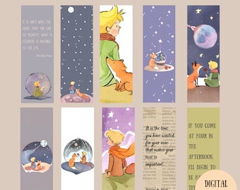 May include: Ten printable bookmarks featuring illustrations from The Little Prince book. The bookmarks feature a fox, a star, a planet, and the Little Prince. The text on the bookmarks includes quotes from the book.