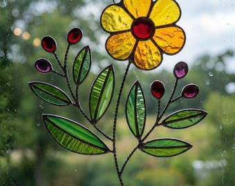 Gebrandschilderd glaspatroon met bloementak, sjabloon met genummerde bloemen Suncatcher, pdf-gebrandschilderd glas