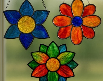 Mönster för blommotiv i målat glas, set med 3, nybörjarvänliga mallar för solfångare, digital nedladdning av glaskonst för hemmafixering