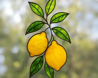 Lemon Stained Glass Pattern, Stained Glass Fruit PDF Template, Easy Suncatcher Design, Modern Lemon Plant Craft Idea, Nature Suncatcher