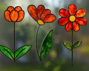 Set med 3 mönster av färgat glas med blommor, mall för vildblommor med prästkragetulpaner, gör-det-själv-blommor, modernt färgat glas, US Letter-storlek