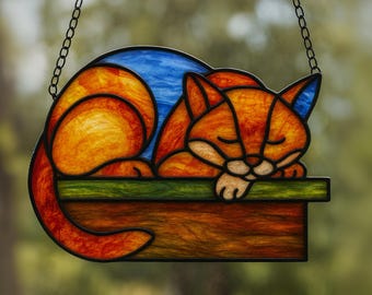 Sleeping Cat Stained Glass Pattern PDF, Curled Cat Glass Template, Beginner Friendly Digital Cat Pattern for Glass Art, Instant Download