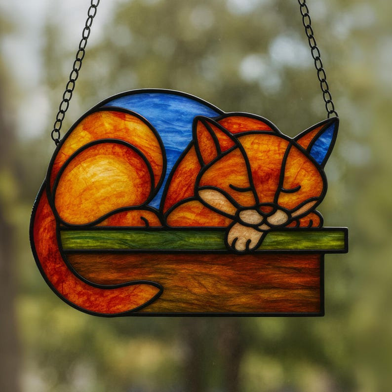 Sleeping Cat Stained Glass Pattern PDF, Curled Cat Glass Template ...