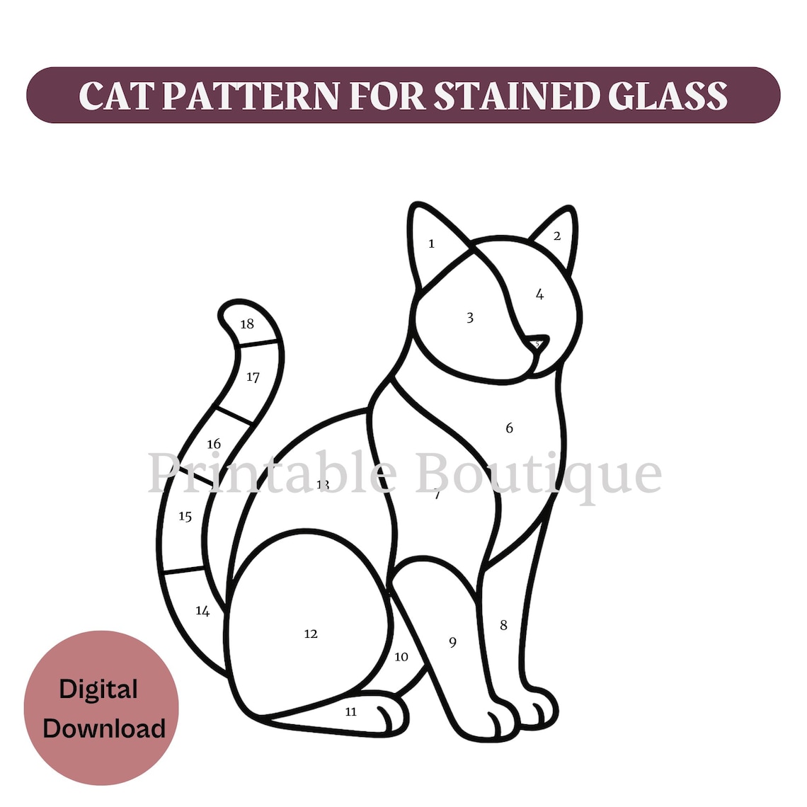 Cat Stained Glass Pattern, Sitting Cat Glass Template PDF, Easy DIY Cat ...
