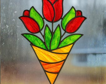 Tulip Bouquet Stained Glass Pattern, Numbered Flower Stained Glass Template, DIY Suncatcher Pattern, Stained Glass PDF SVG