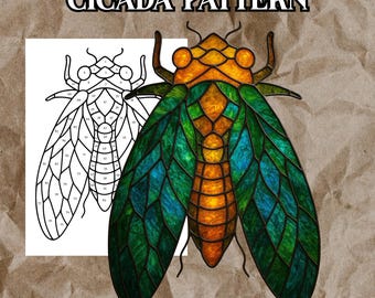 Cicada Stained Glass Pattern: Insect Suncatcher Template (PDF PNG SVG)