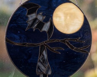 Patrón de vidriera de murciélago, atrapasoles nocturno de luna llena en PDF