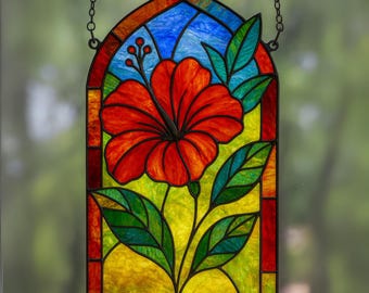 ハイビスカスの花のアーチステンドグラスのパターンPDF、ガラスアート