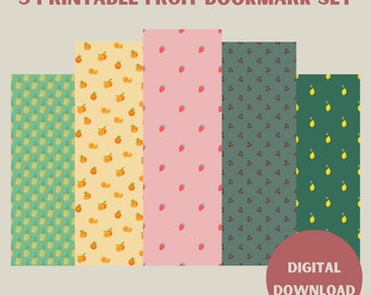 5 Printable Colorful Fruit Themed Bookmark, Bookmark Set, Unique Bookmark, Cute Bookmark, DIY Bookmark, Gift for Reader, Bookish Gift
