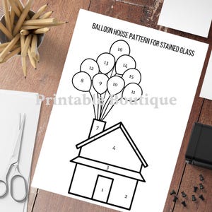 Balloon House Stained Glass Pattern, Unique Stained Glass Template, DIY Stained Glass Design, Balloons Stain Glass, Digital Download PDF