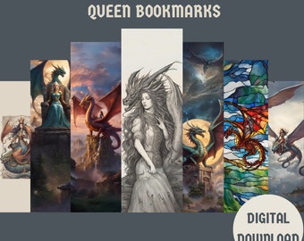 20 Printable Dragon and Queen Bookmark, Fantasy Bookmark Set, Dragon Bookmark, Unique Bookmark, DIY Bookmark, Bookmark Set, Gift for Reader