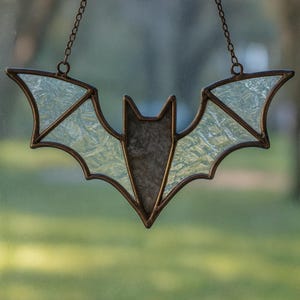 May include: A stained glass bat with a textured, light blue wing design and a dark brown frame. The bat is suspended by a delicate chain, ideal for Halloween or gothic decor.