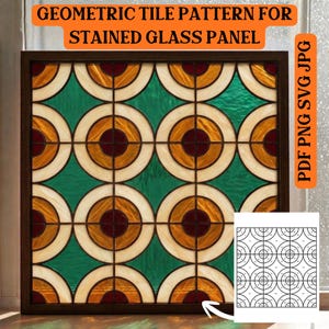 Puede incluir: Panel de vidriera geométrica con un patrón repetitivo de círculos y cuadrados. El diseño presenta una combinación de colores, incluyendo verde, marrón, amarillo y blanco. El texto "GEOMETRIC TILE PATTERN FOR STAINED GLASS PANEL" está en la parte superior.