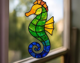 Seahorse Stained Glass Pattern PDF, Ocean Animal Glass Design, DIY Sea Life Suncatcher Template, Sea Animal Stained Glass Pattern