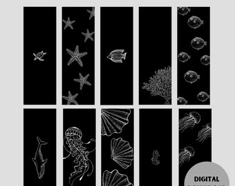 10 Printable Black and White Ocean Themed Bookmark, Bookmark Set, Unique Bookmark, Cute Bookmark, DIY Bookmark, Gift for Reader