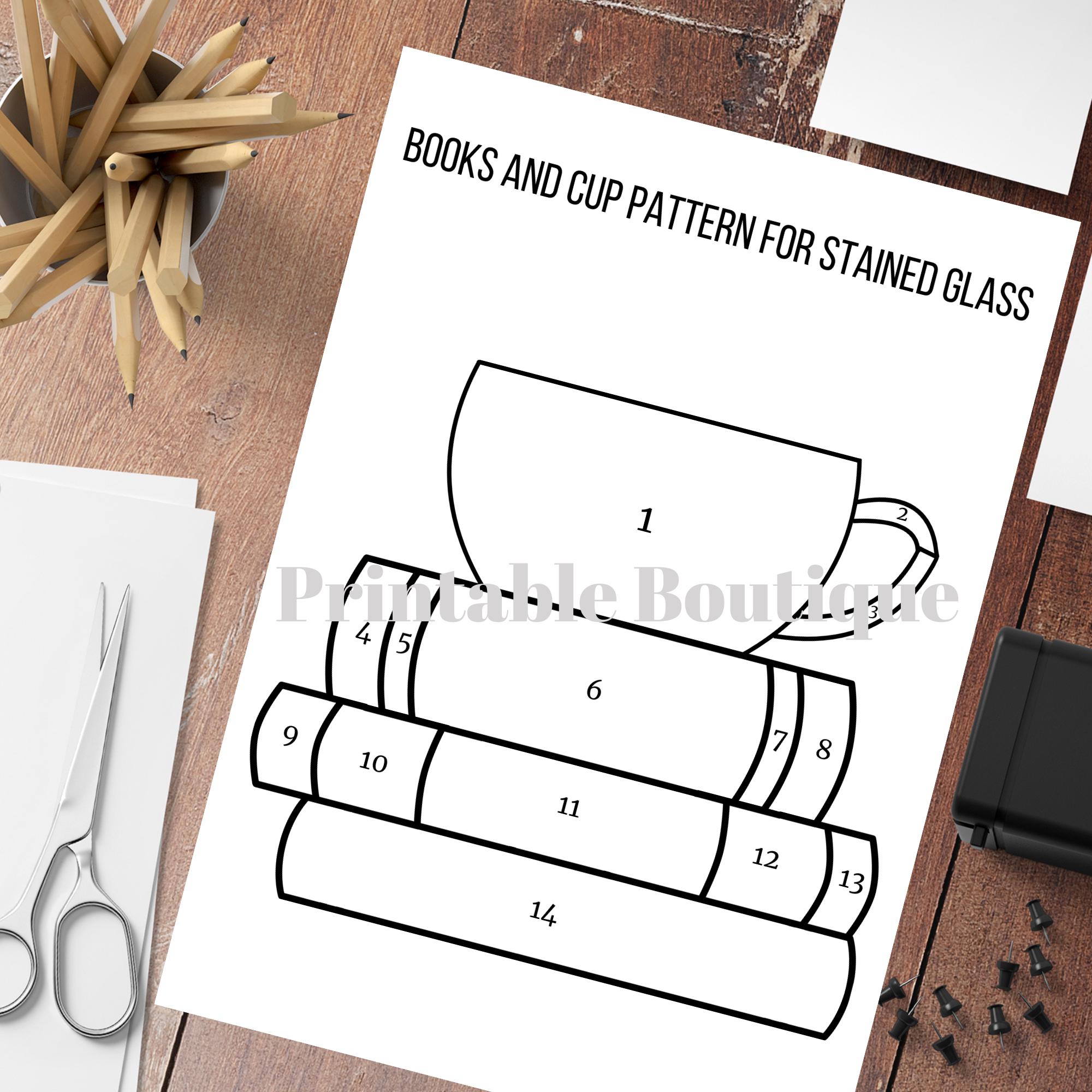 Books and Cup Pattern for Stained Glass, Stained Glass Pattern, Books and Cup Pattern, Modern Stained Glass, PDF Pattern, DIY Pattern
