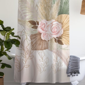BOHO Floral Shower Curtain Beige Bathroom Decor Neutral Shower Curtain Flower Shower Decor Modern BOHO Shower Curtain Retro bathroom