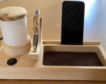 Desk organizer wood with LED lamp