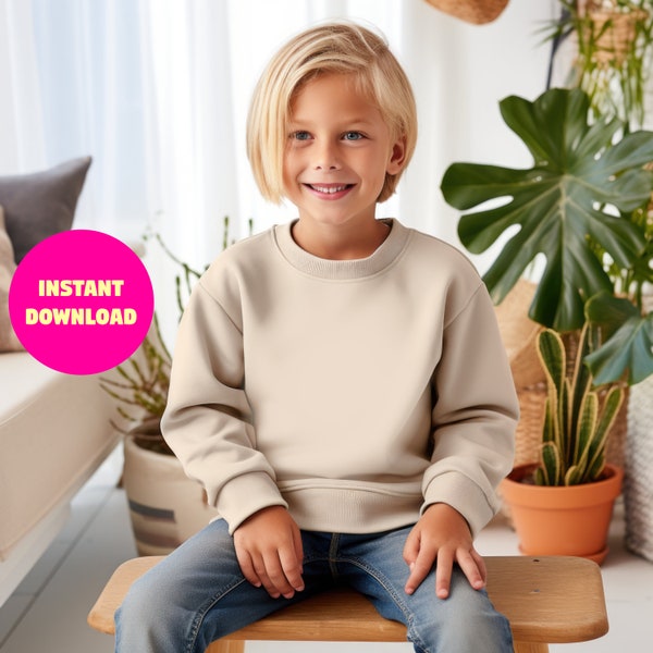 Sand sweatshirt mockup Gildan 18000B kids crewneck, smiling boy beige top, shop brand promotion childrens clothing, kids sand sweater