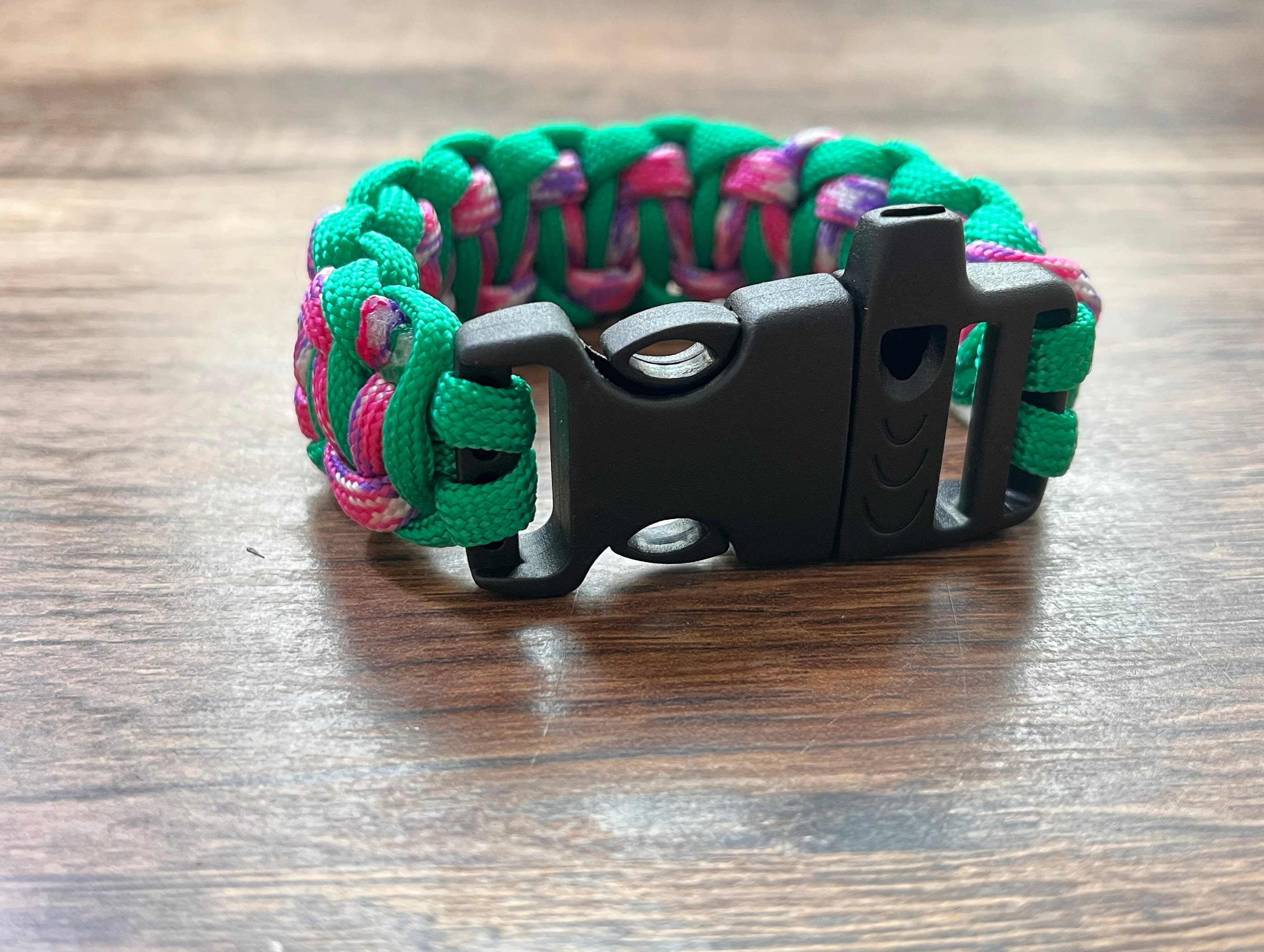 Green and Pink/purple Tie-dye Paracord Bracelet for Small or Medium Wrists  With Built in Whistle. 
