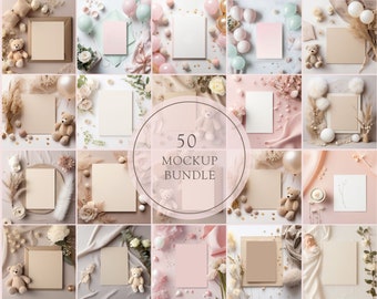 50 x Birthday Card Mockup 5x7 Rustic Art Card Mockups Party Invitations Invite Stationary Greetings Cards Baby shower Card PNG Digital