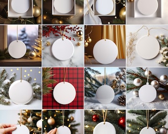 May include: A collage of 12 images showcasing blank white round ornaments with gold string hanging from them. The ornaments are displayed against various festive backgrounds, including Christmas trees, snow-covered branches, and plaid fabric.