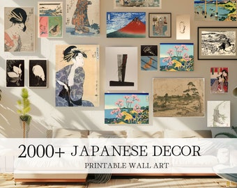 May include: A collection of framed Japanese art prints, including landscapes, figures, and floral designs, displayed on a neutral wall. The prints feature a variety of colors and styles, with some showcasing traditional woodblock prints. The text "2000+ JAPANESE DECOR PRINTABLE WALL ART" is visible.