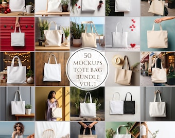 Pacote com 50 mockups de sacolas de lona natural (download digital em JPG)