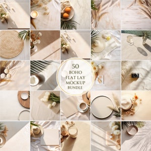 May include: A collection of 50 boho flat lay mockups featuring various items like candles, flowers, hats, and other decorative elements. The mockups are perfect for showcasing products or creating lifestyle imagery.