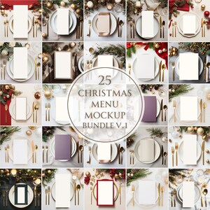 May include: A collection of 25 Christmas menu mockups, each featuring a different design. The menus are displayed on plates with gold cutlery and festive decorations. The image includes the text "25 Christmas Menu Mockup Bundle V.1."