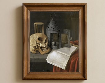 Dark Academia Skull Still Life – Baroque Memento Mori Art (Digital Download)