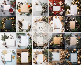 Pacchetto di 50 mockup di biglietti di Natale, design rustici per le feste (download digitale)