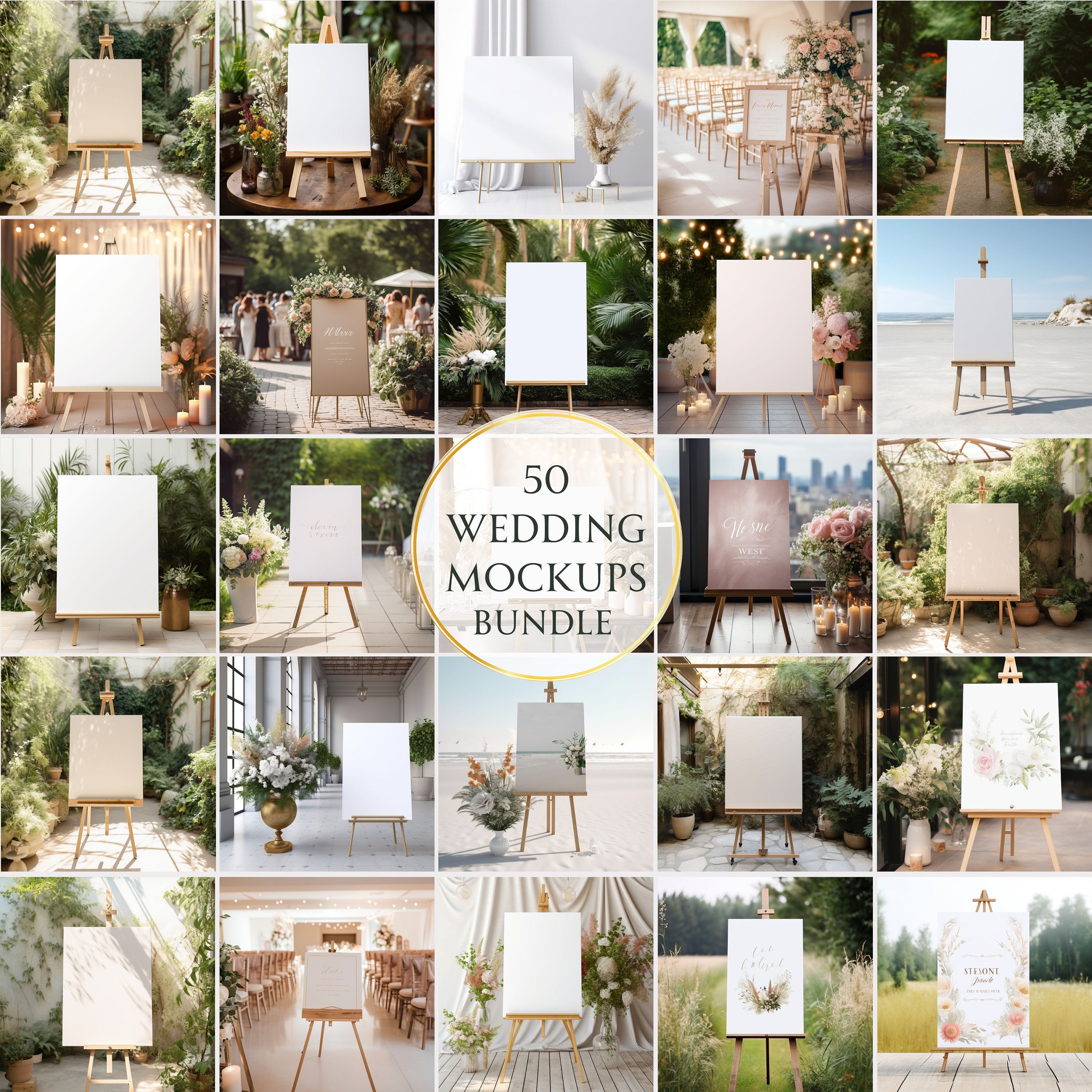 Premium PSD  Wedding sign on metallic easel mockup, left and right view