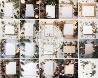 Pacchetto di 50 mockup di biglietti di Natale, arte rustica per le feste (download digitale PNG)
