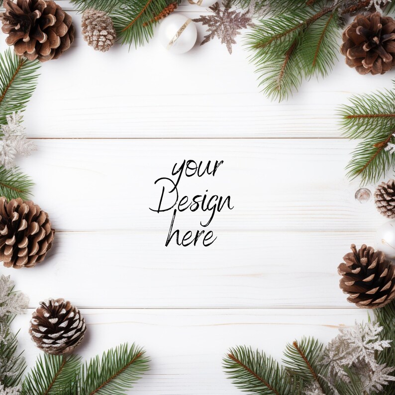 Pu&ograve; includere: Una composizione festosa a tema natalizio con pigne, rami sempreverdi e ornamenti su una superficie di legno bianco. Il testo "your Design here" &egrave; visualizzato al centro.
