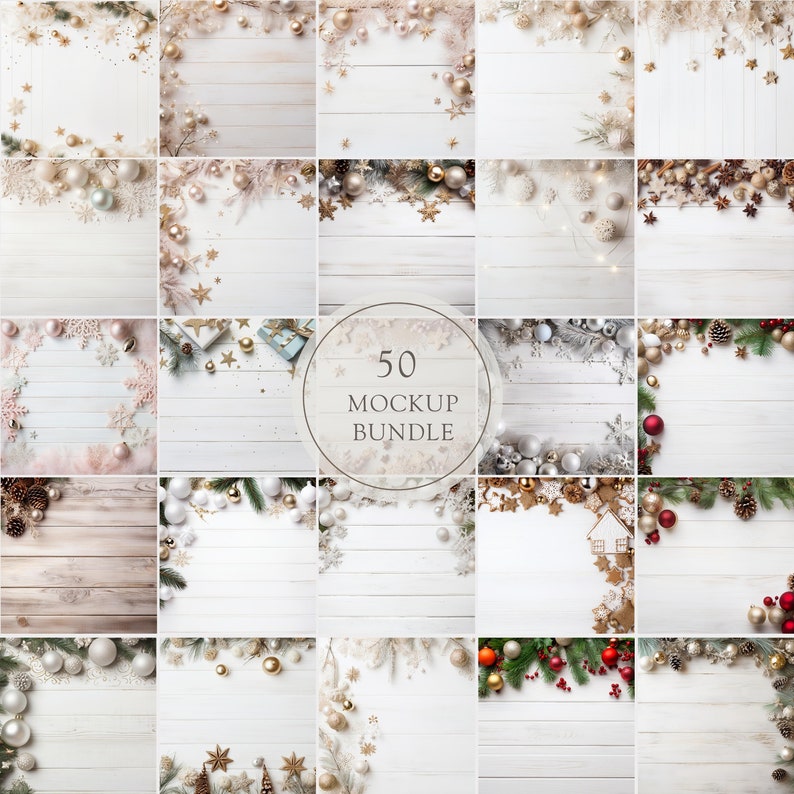 Pu&ograve; includere: Una collezione di 50 immagini mockup a tema natalizio. Le immagini presentano varie decorazioni natalizie, tra cui palline, stelle e verde, disposte su sfondi in legno bianco. Il testo "50 MOCKUP BUNDLE" &egrave; al centro.