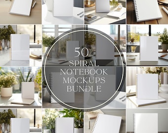 Puede incluir: Una colección de 50 maquetas de cuadernos con espiral en diferentes escenarios, incluyendo un escritorio con un portátil, una mesa con plantas y una mesa de madera. Los cuadernos son todos blancos y tienen una portada en blanco, perfectos para mostrar diseños o marcas.