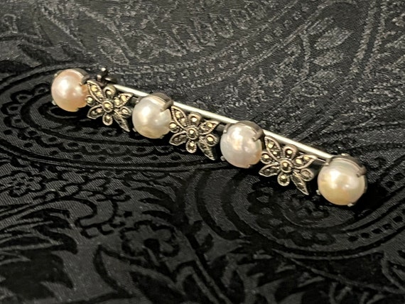 Vintage 30s Sterling Marcasite Cultured Pearl Pin… - image 3