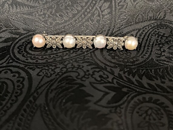 Vintage 30s Sterling Marcasite Cultured Pearl Pin… - image 1