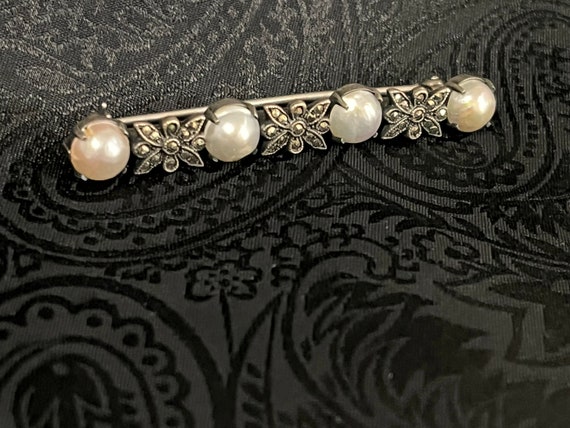 Vintage 30s Sterling Marcasite Cultured Pearl Pin… - image 2