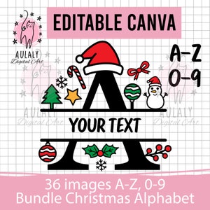 May include: A black letter A with a red Santa hat, candy cane, snowflake, star, green Christmas tree, green and white candy cane, snowman, and red and white striped bauble. The text "YOUR TEXT" is written on a white banner above the letter A. The text "36 images A-Z, 0-9 Bundle Christmas Alphabet" is written below the letter A.